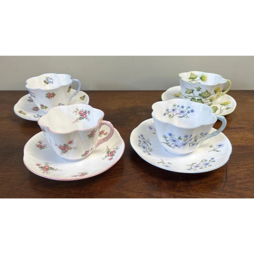 Set 4 Vintage Shelley Tea Cups Saucers Floral Pastel England Pink Blue Green